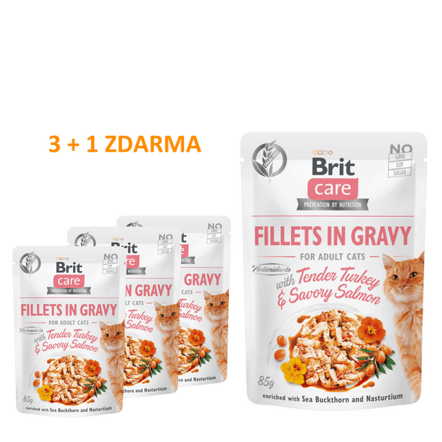 4 x Brit Care Cat Fillets in Gravy with Tender Turkey Savory Salmon 85 g - 1